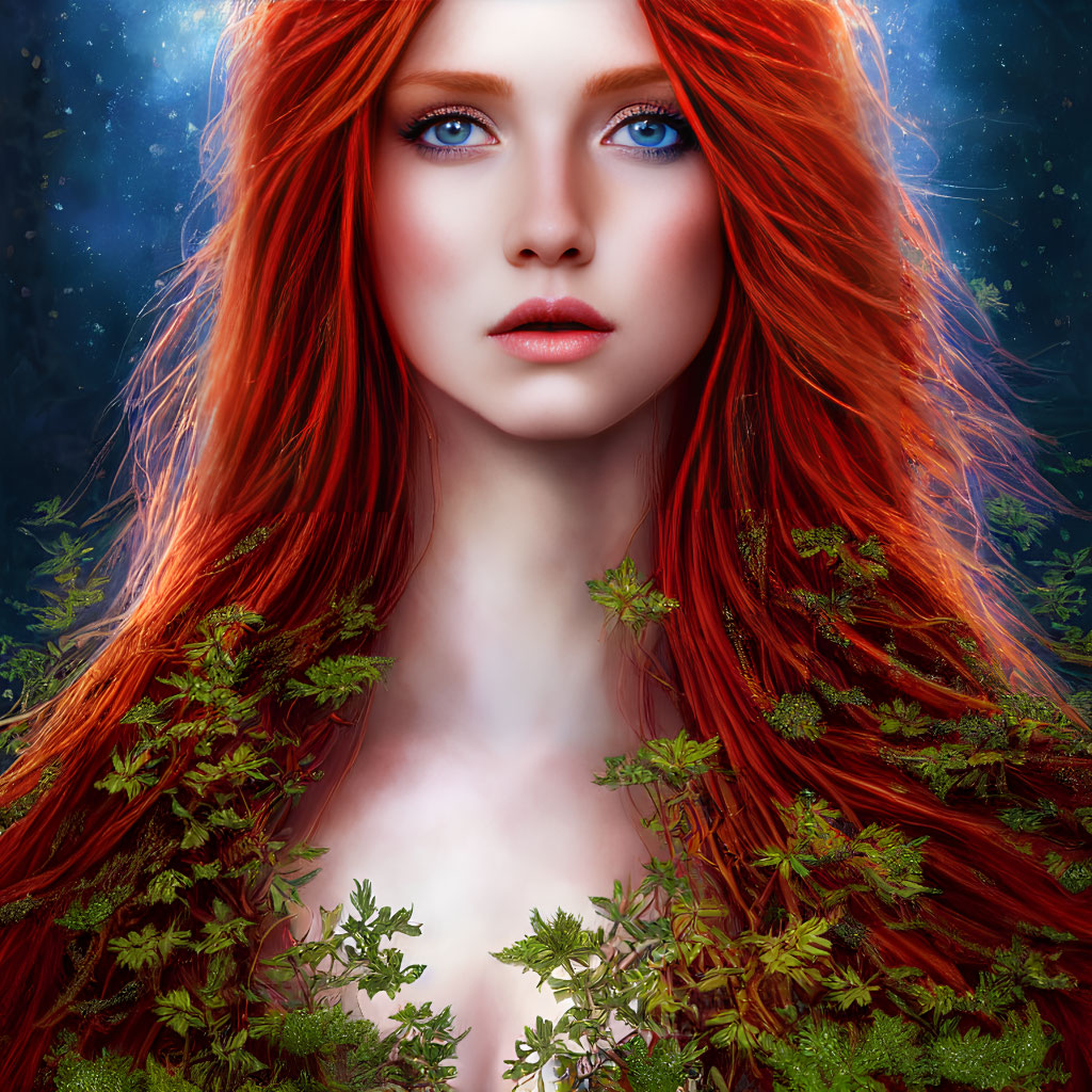 Fiery Red-Haired Woman in Digital Art Amidst Starry Night