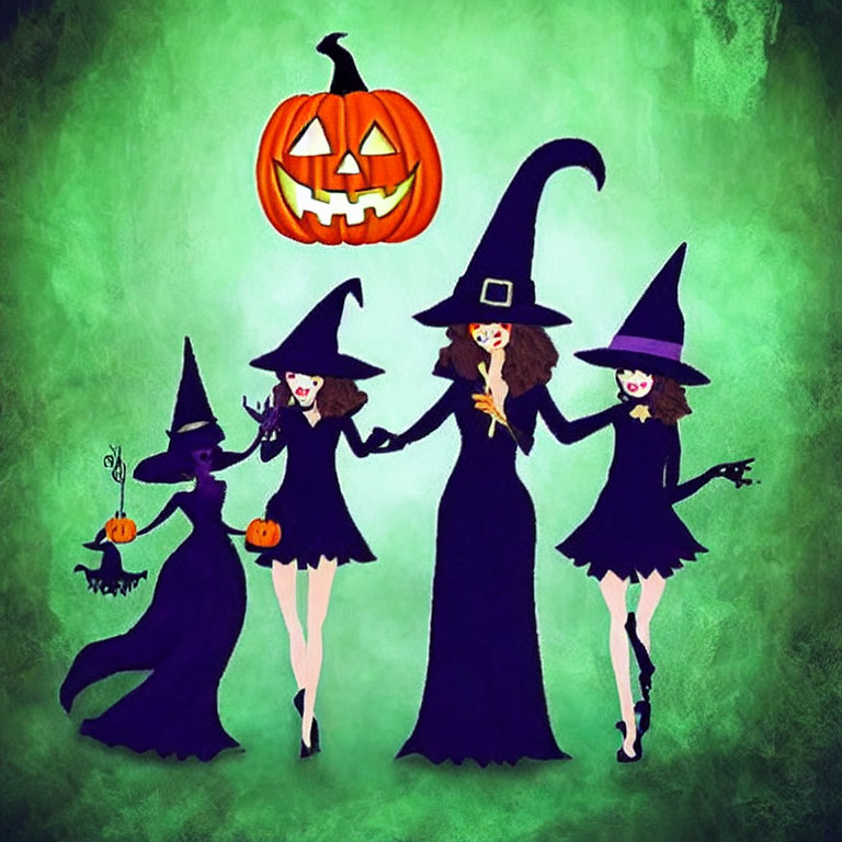 Four Stylized Witches in Black Dresses with Purple Hats and a Broom, Floating Pumpkin on