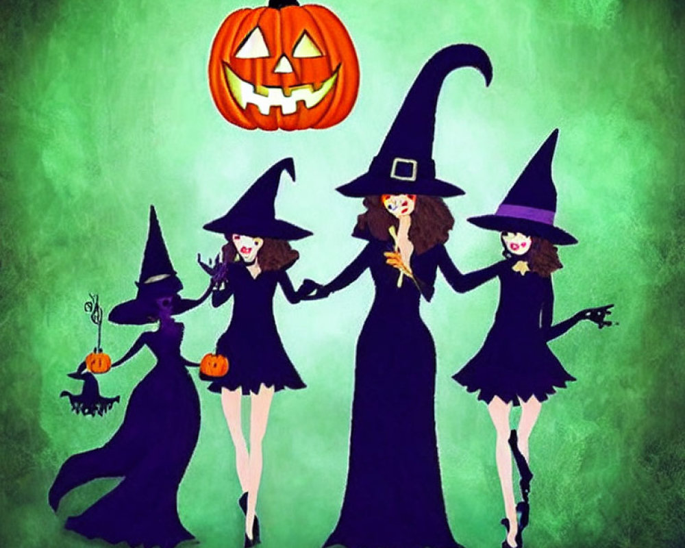 Four Stylized Witches in Black Dresses with Purple Hats and a Broom, Floating Pumpkin on