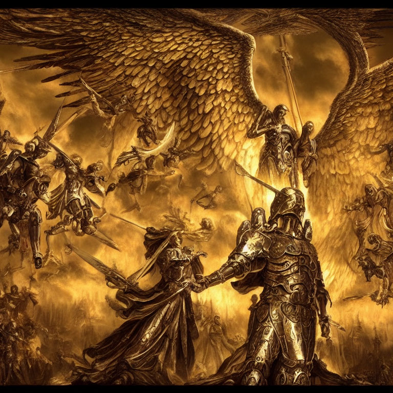 Armored warriors and winged creatures in epic battle under fiery sky