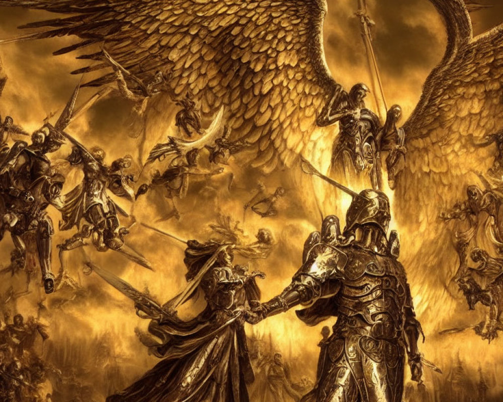 Armored warriors and winged creatures in epic battle under fiery sky