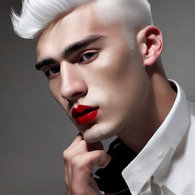 Platinum Blonde Hair and Red Lipstick Pose with Bold Makeup