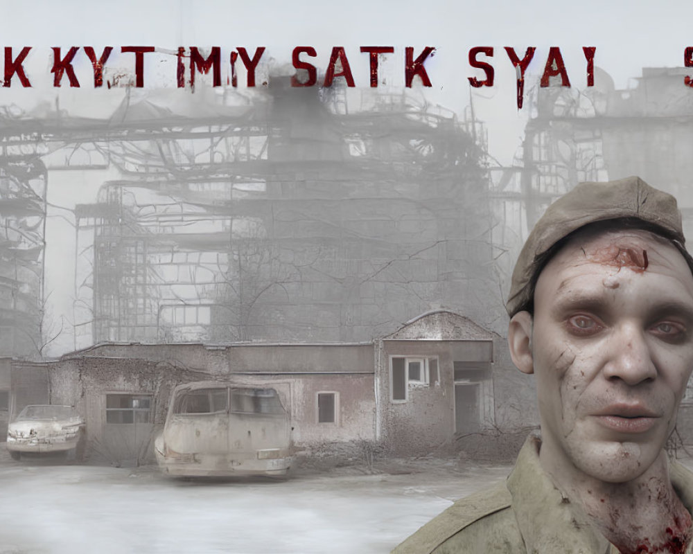 Bloody-faced man in foggy, desolate landscape with abandoned buildings and vehicles.