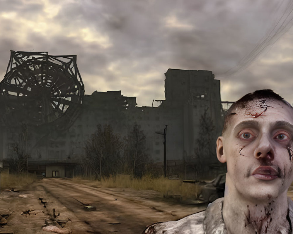 Man with facial injuries in front of post-apocalyptic landscape.