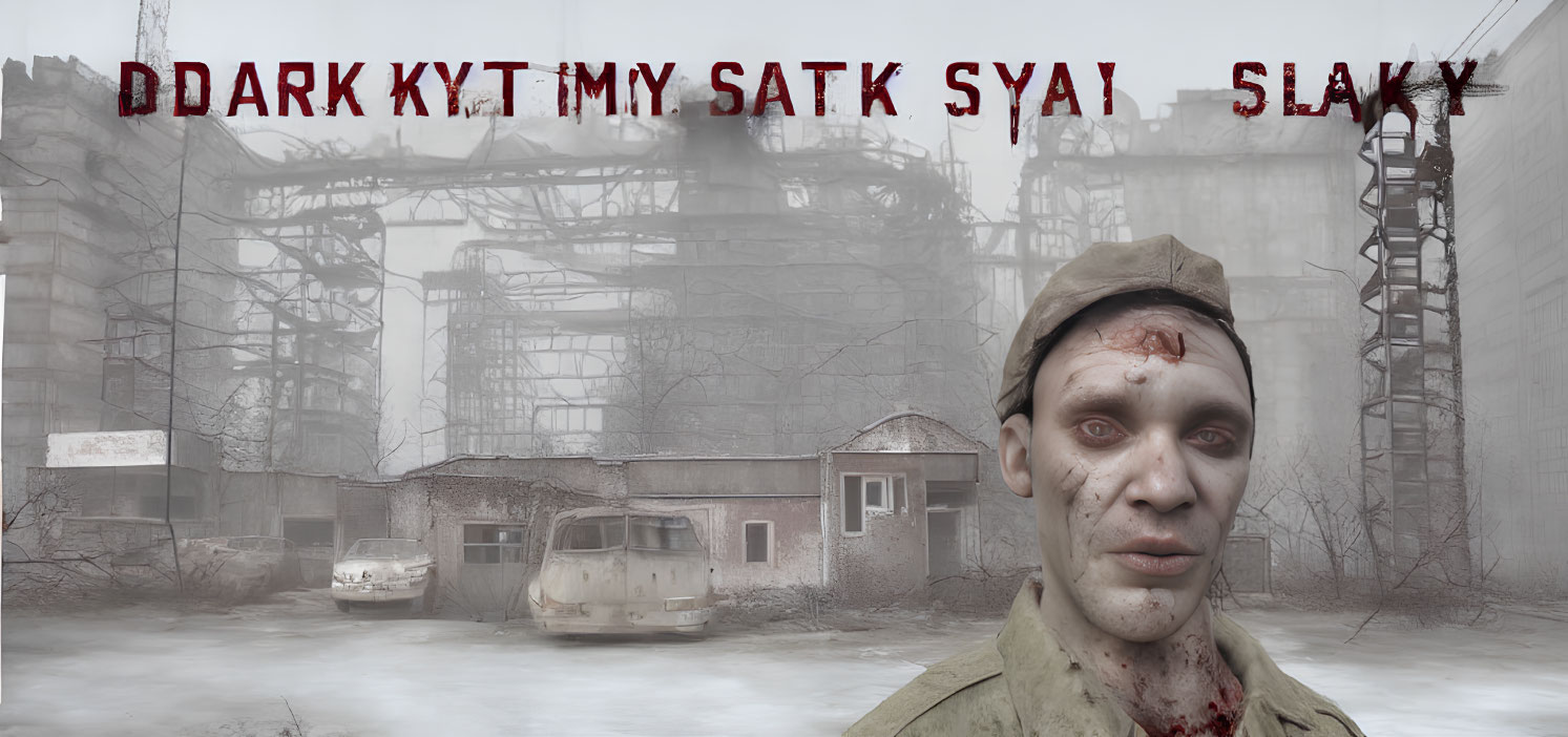 Bloody-faced man in foggy, desolate landscape with abandoned buildings and vehicles.