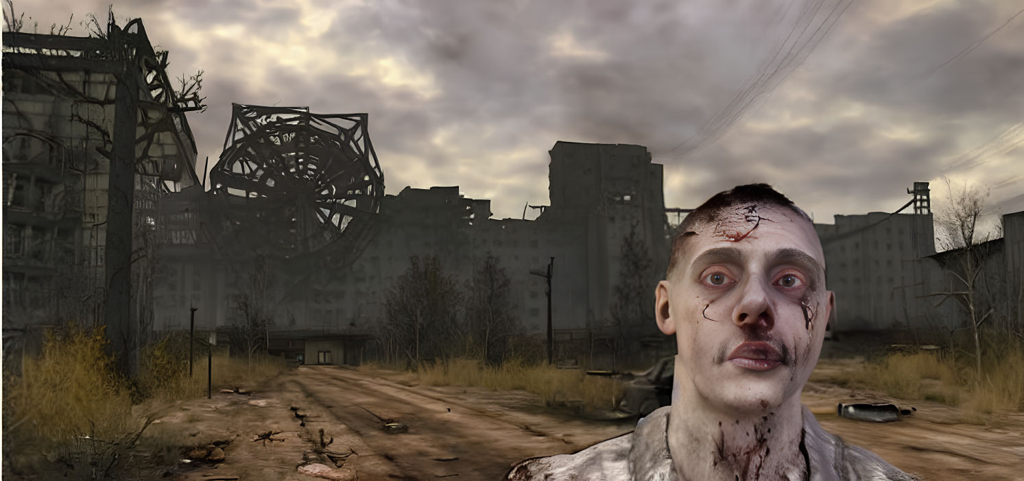 Man with facial injuries in front of post-apocalyptic landscape.