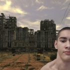 Man with facial injuries in front of post-apocalyptic landscape.