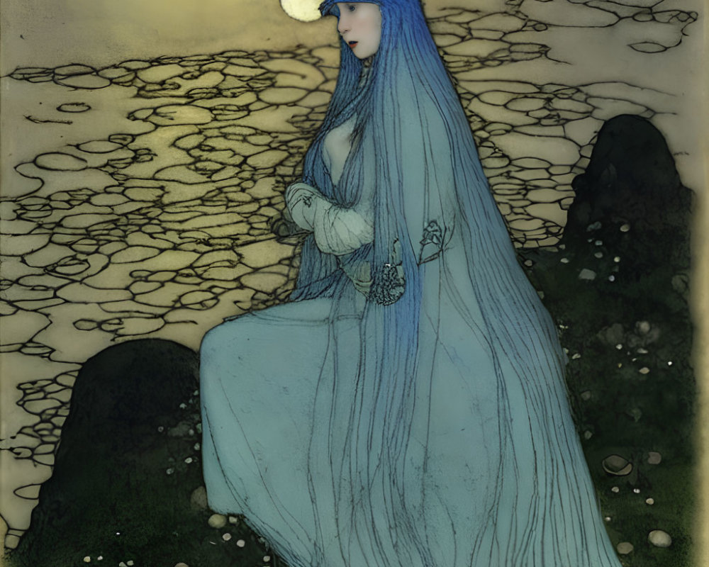 Ethereal Woman in Blue Robes with Veil on Moony Background