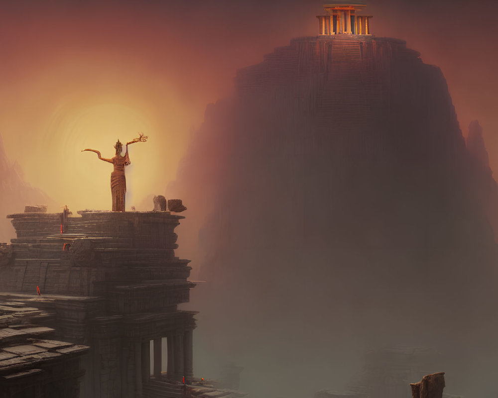 Mystical landscape with ancient ruins and figure in warm sunset glow