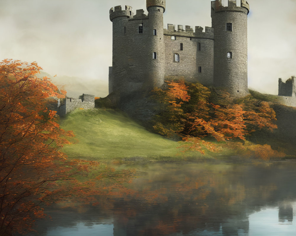 Stone castle with towers overlooking tranquil lake and autumn trees under golden sky