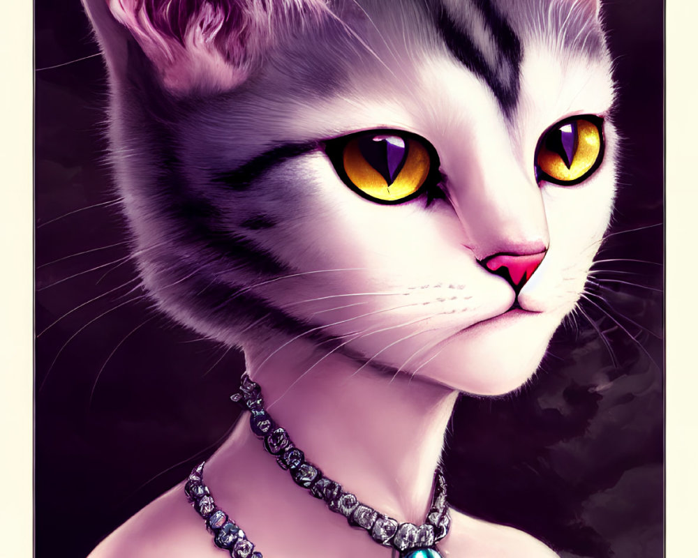 Detailed cat illustration with yellow eyes and blue gem necklace on dark backdrop