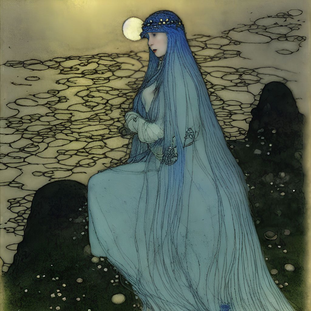 Ethereal Woman in Blue Robes with Veil on Moony Background