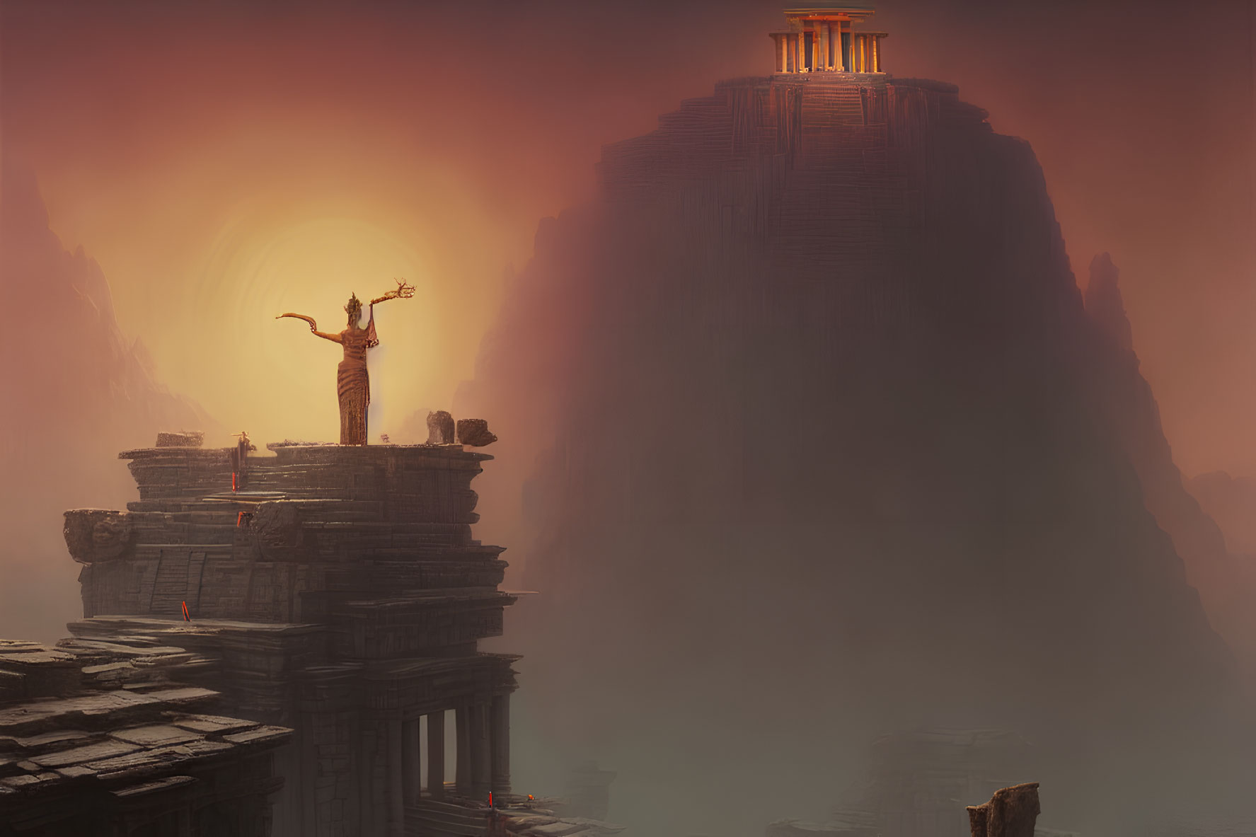 Mystical landscape with ancient ruins and figure in warm sunset glow