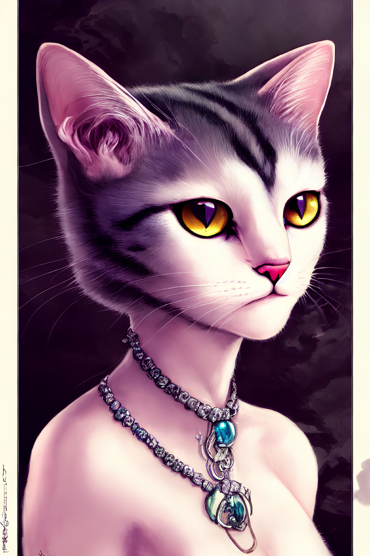 Detailed cat illustration with yellow eyes and blue gem necklace on dark backdrop