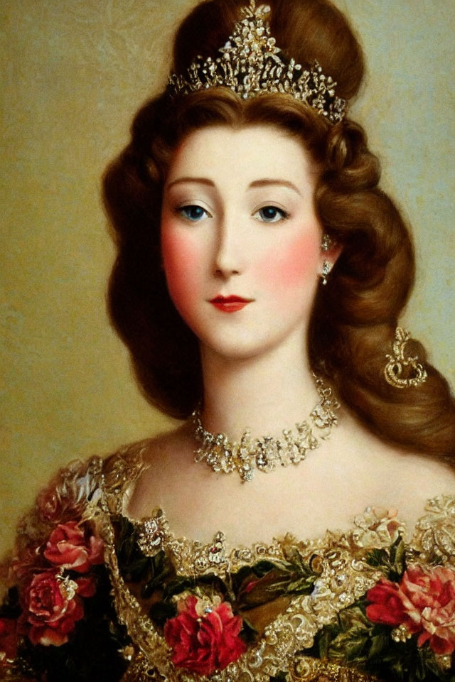 Woman Portrait: Elaborate Hairstyle, Tiara, Rose-Adorned Dress