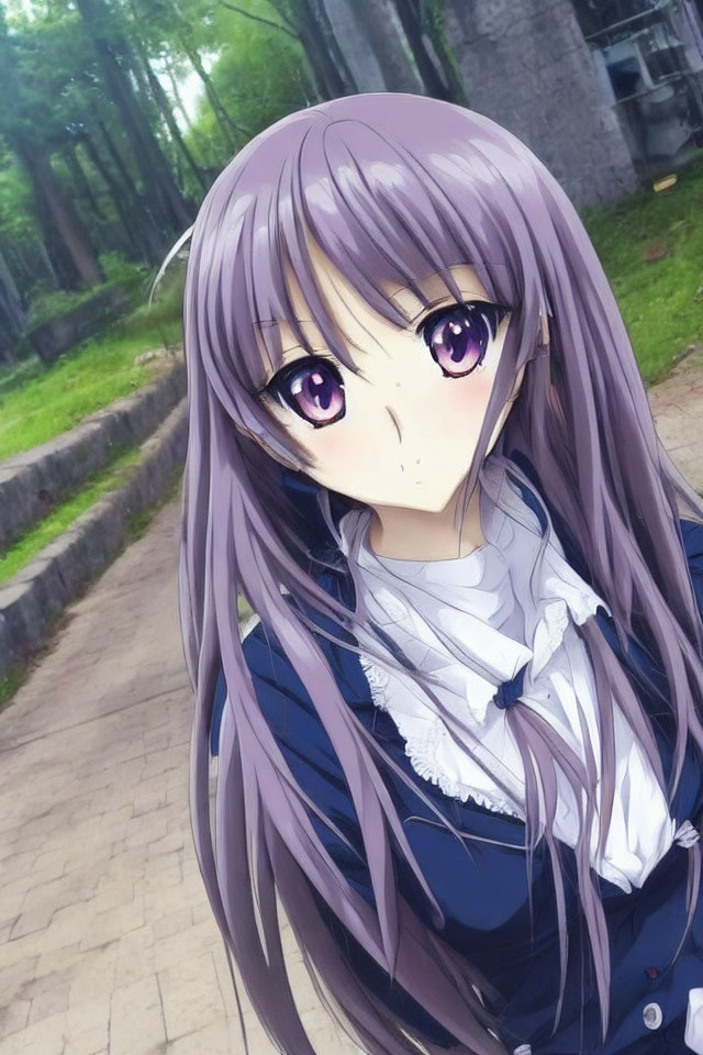 Anime girl with purple hair in blue school uniform superimposed on park pathway with trees