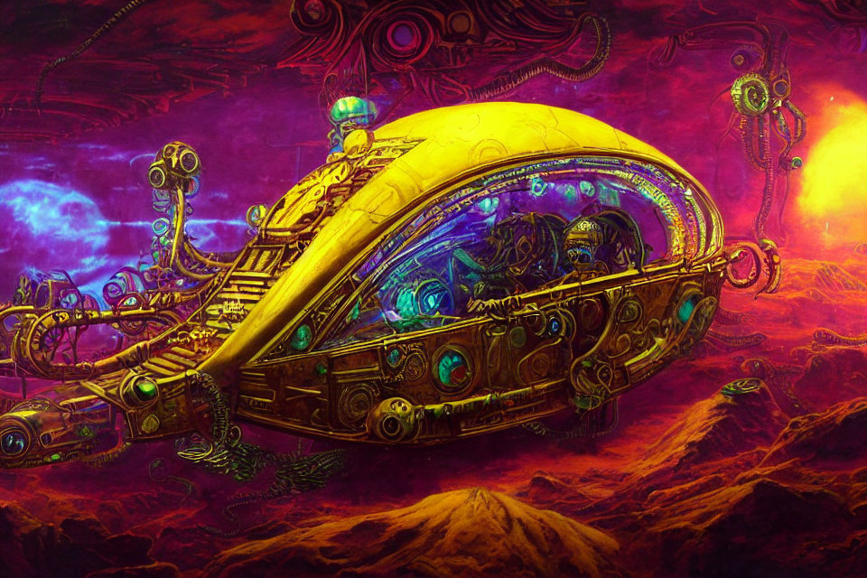 Colorful futuristic submarine explores alien underwater world with mechanical creatures