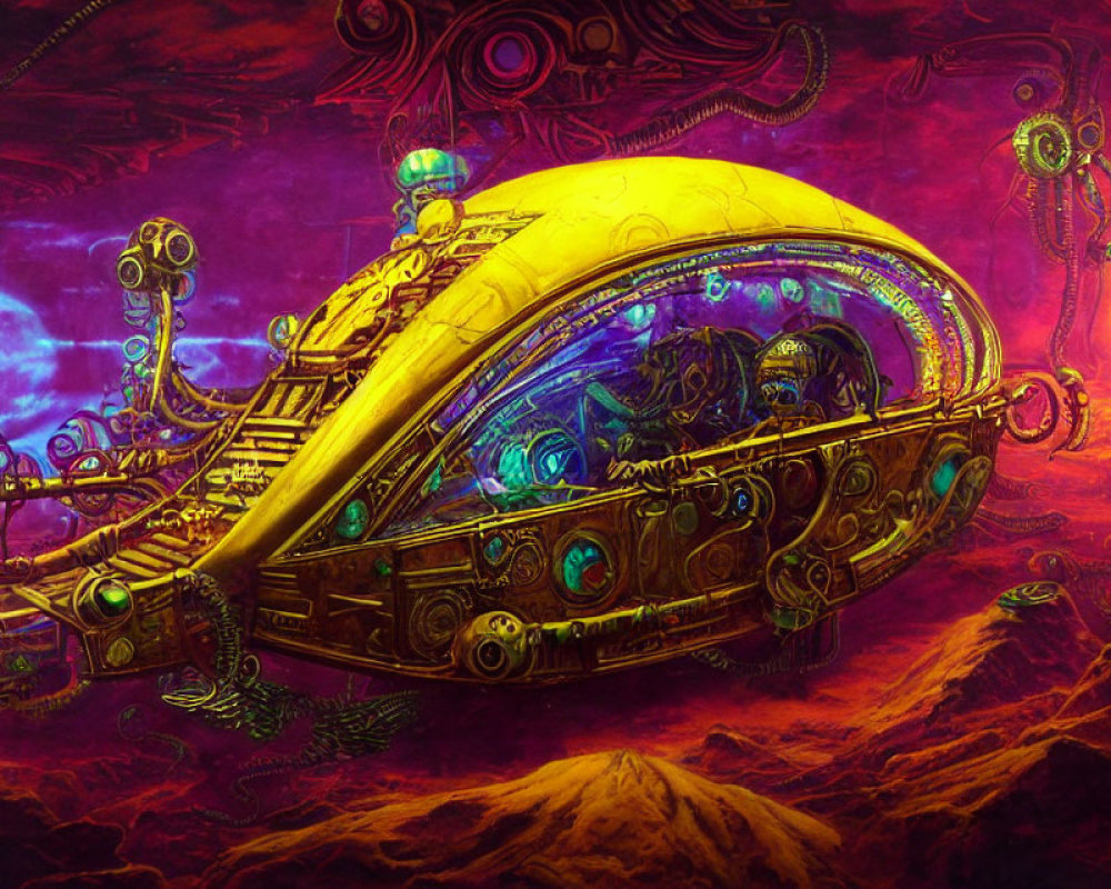 Colorful futuristic submarine explores alien underwater world with mechanical creatures