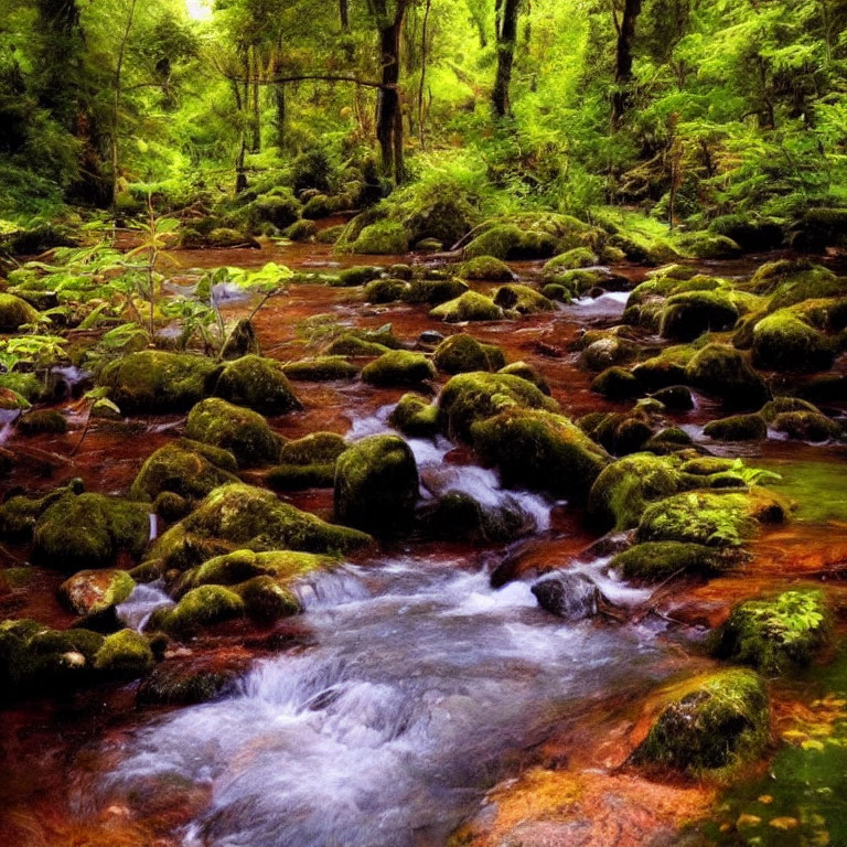 Tranquil Forest Creek with Clear Waters and Moss-Covered Stones