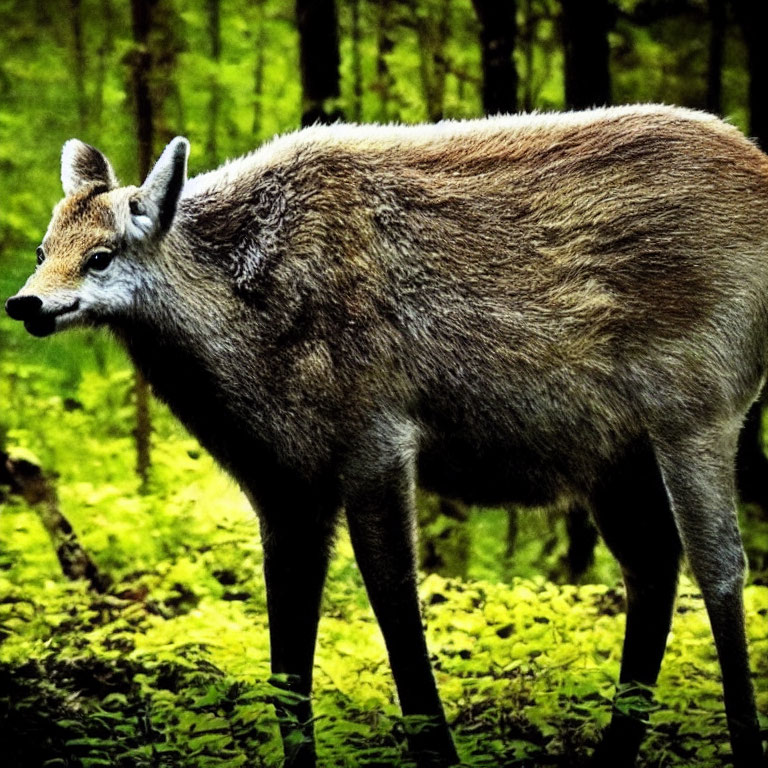 Solitary deer in vibrant green forest, gazing attentively.