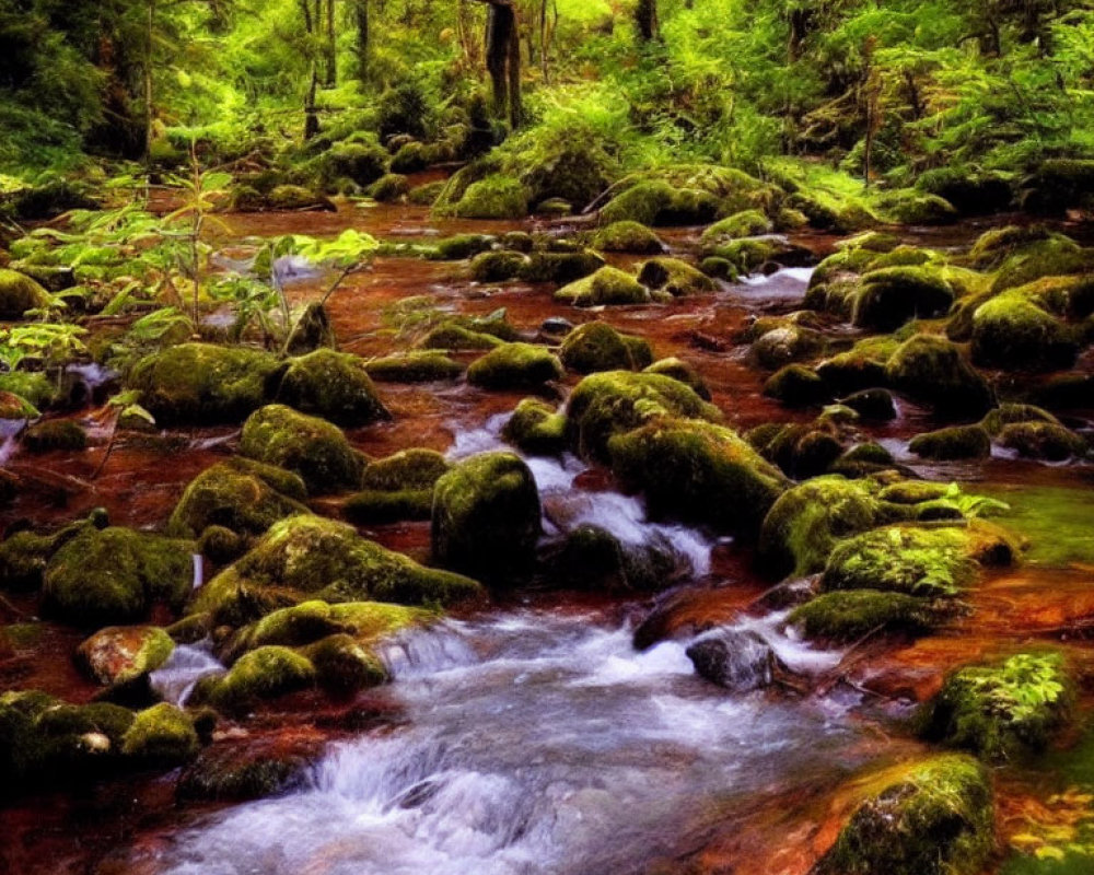 Tranquil Forest Creek with Clear Waters and Moss-Covered Stones