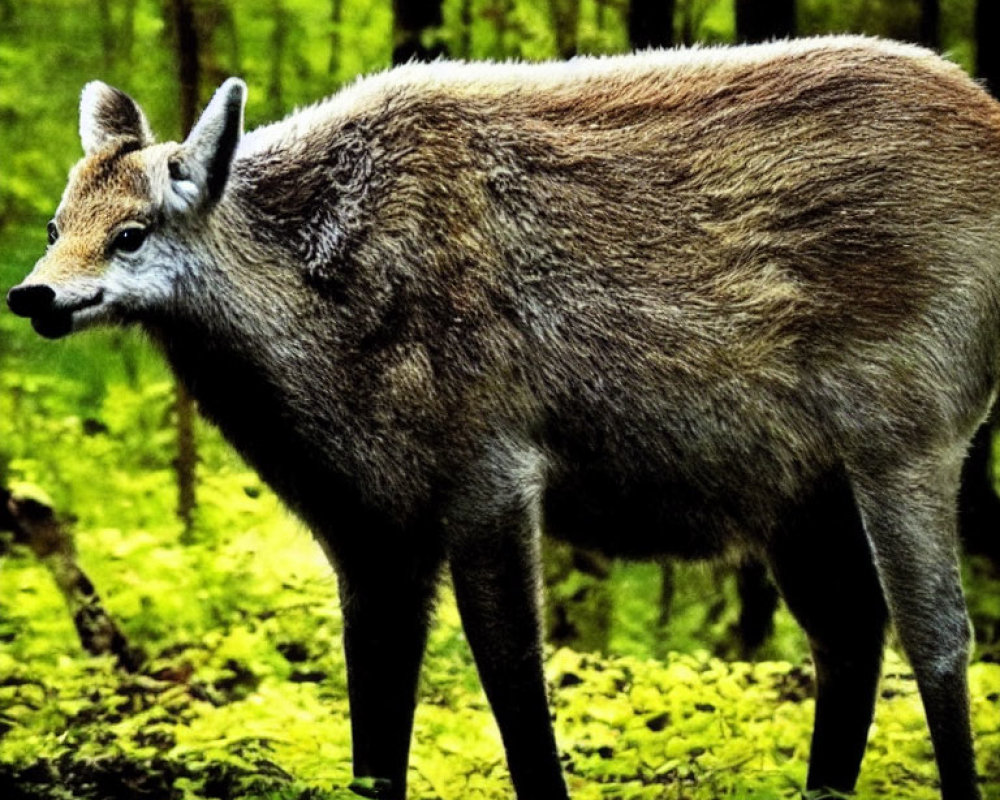 Solitary deer in vibrant green forest, gazing attentively.