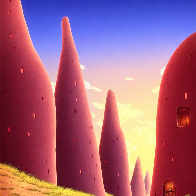 Vibrant cone-shaped structures against warm-hued sky