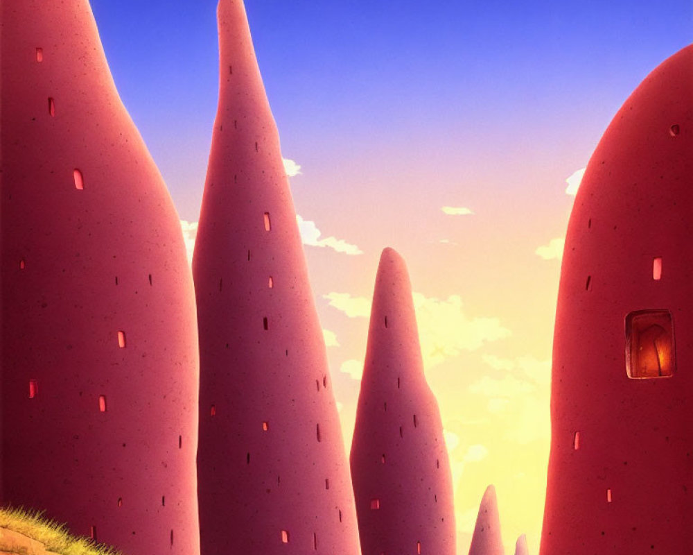 Vibrant cone-shaped structures against warm-hued sky