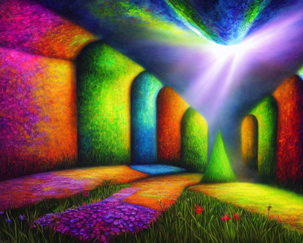 Colorful arched pathways in vibrant fantasy landscape under starry sky