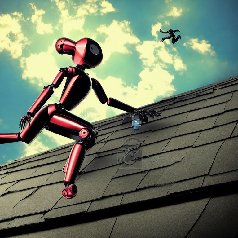 Red robot on shingled rooftop under blue sky with drone outreach