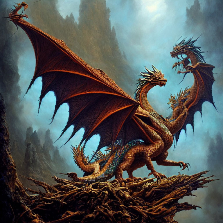 Majestic two-headed dragon on mountain of branches and cliffs