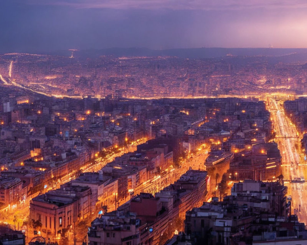 Cityscape with Grid Streets, Dense Buildings, and Dusky Sky