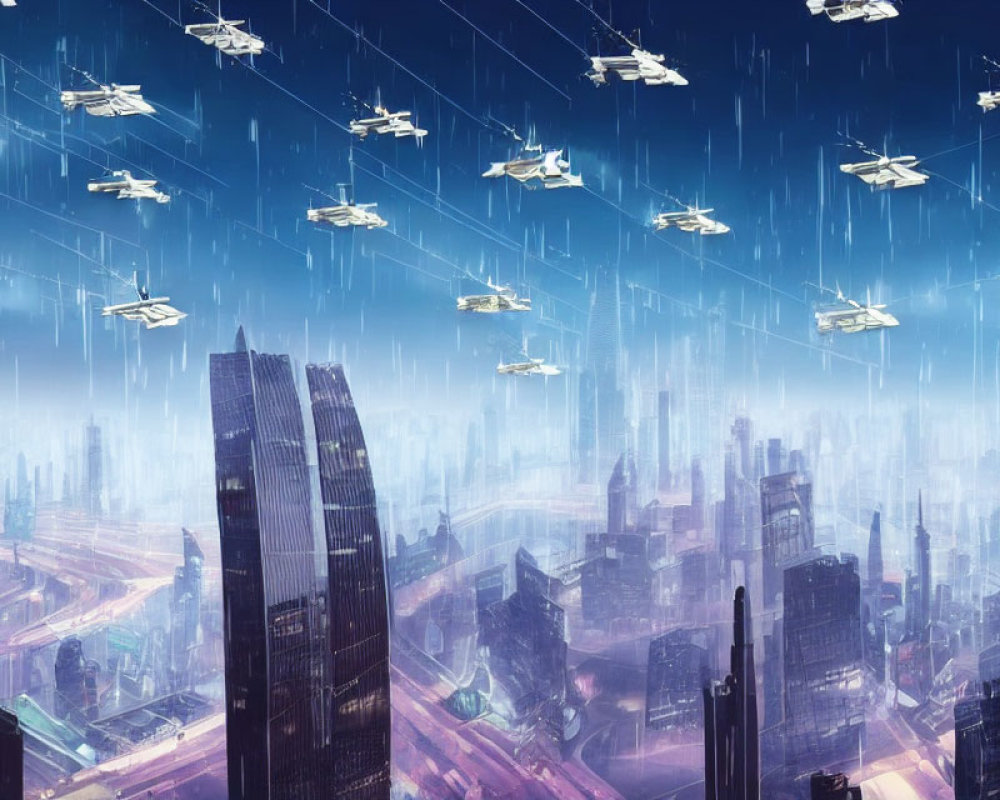 Futuristic night cityscape with flying cars, skyscrapers, neon lights, and heavy rain