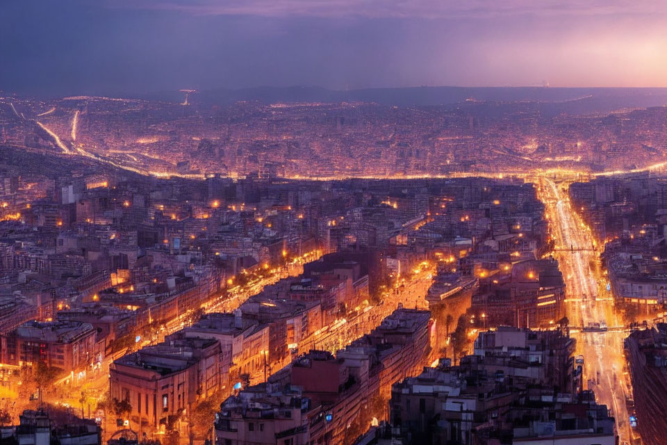 Cityscape with Grid Streets, Dense Buildings, and Dusky Sky