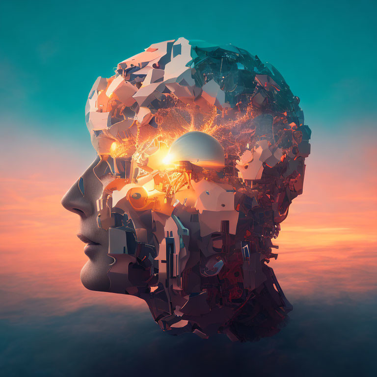 Digital art: Fragmented robot head against sunset sky