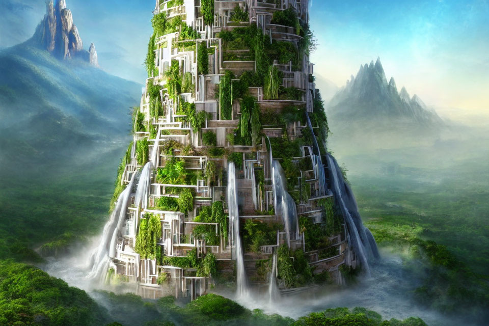 Lush Greenery Covered Tower with Waterfalls in Mountainous Landscape