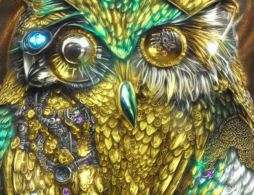 Intricately crafted metallic owl with gemstones and gears