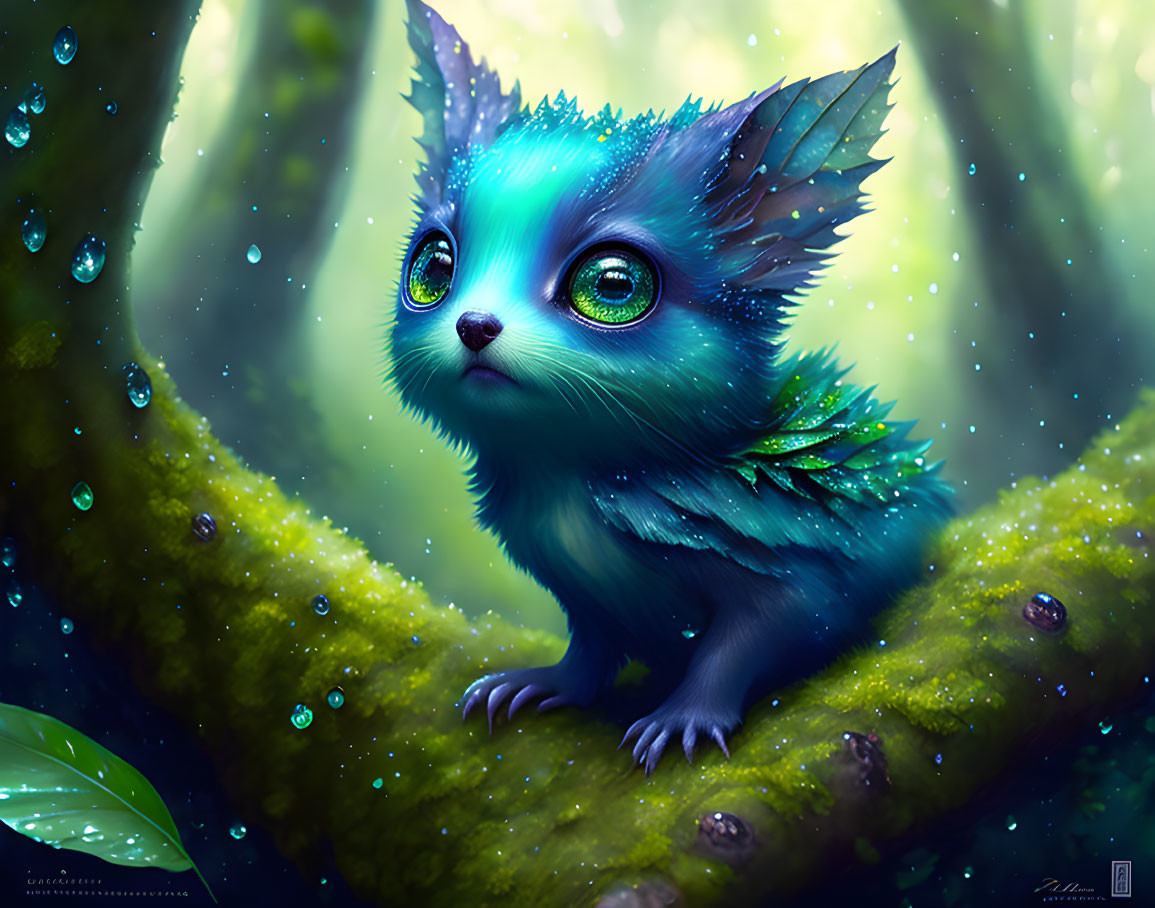 Fantasy illustration of blue leaf-eared creature in luminescent forest