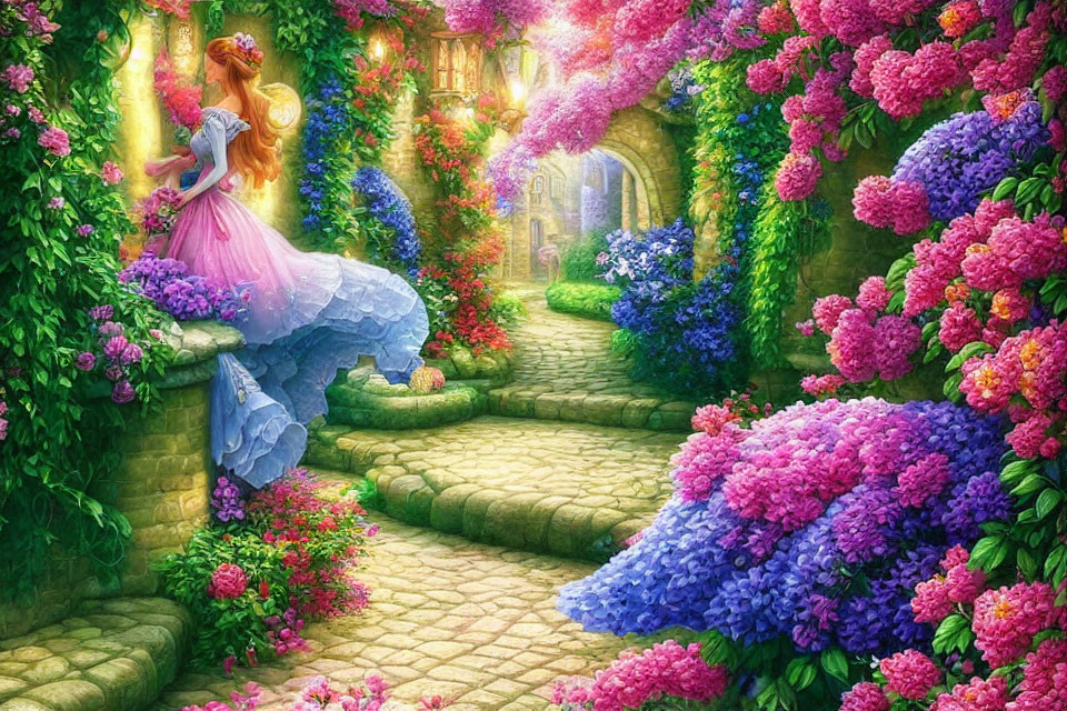 Vibrant garden pathway with flowers, arch, and woman in pink dress.