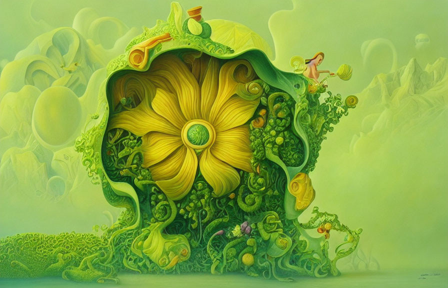 Vibrant green landscape with giant yellow flower and skateboarding figure