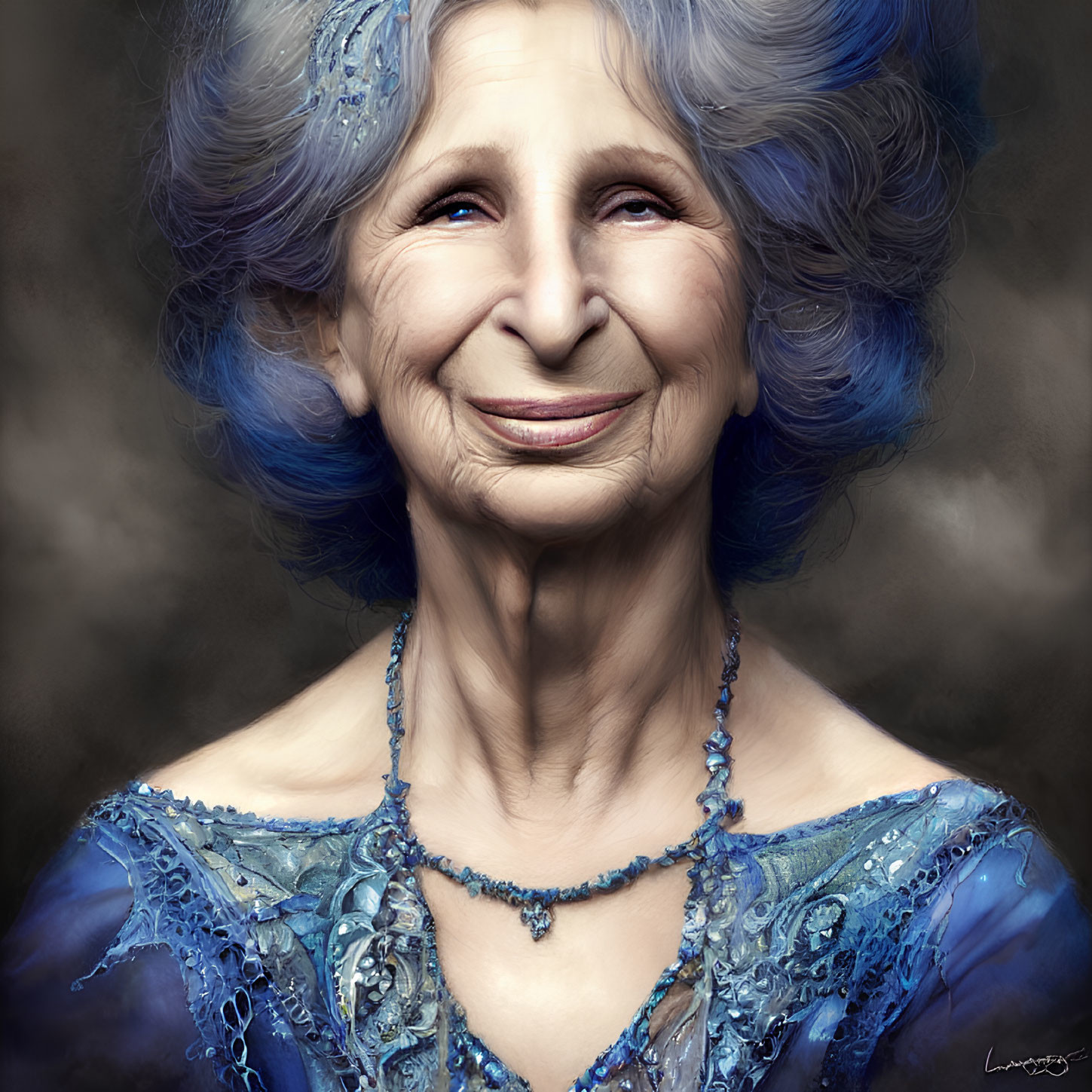 Elderly woman with kind smile in ornate blue dress