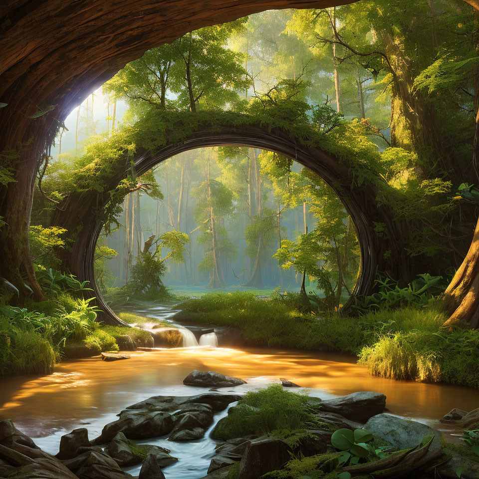 Tranquil Stream Under Natural Arch in Enchanted Forest