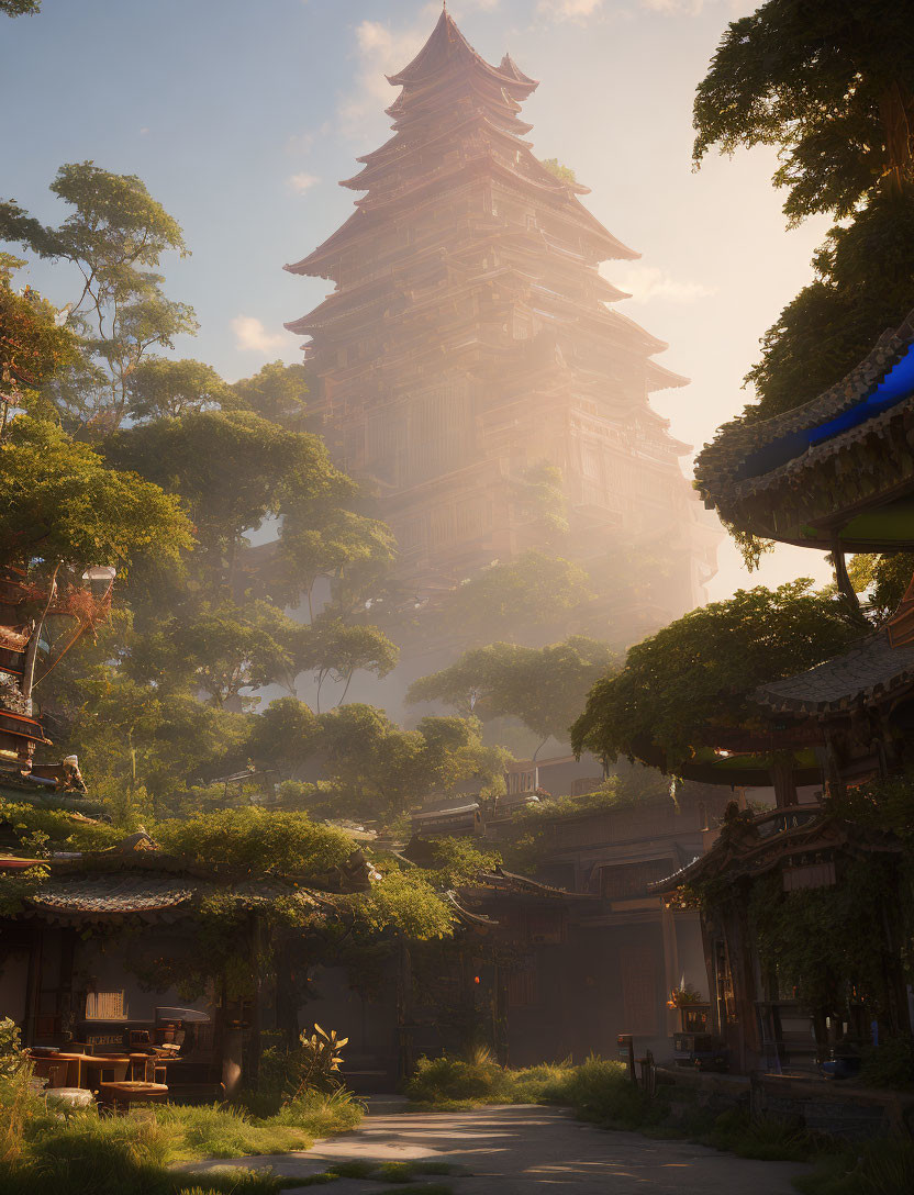 Ancient village with towering pagoda in golden sunrise