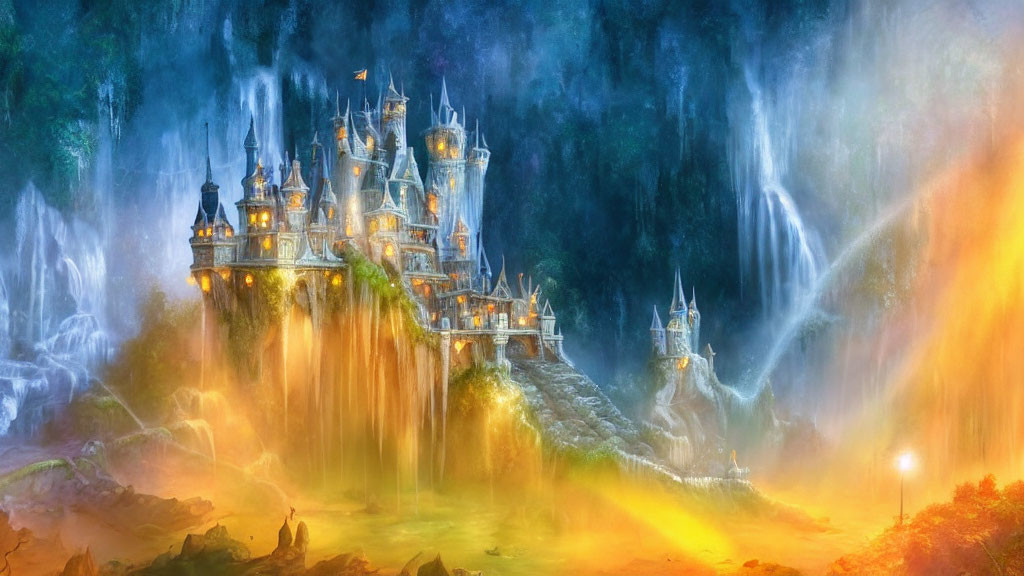 Fantastical castle with multiple towers on rocky pinnacle with glowing golden waterfall