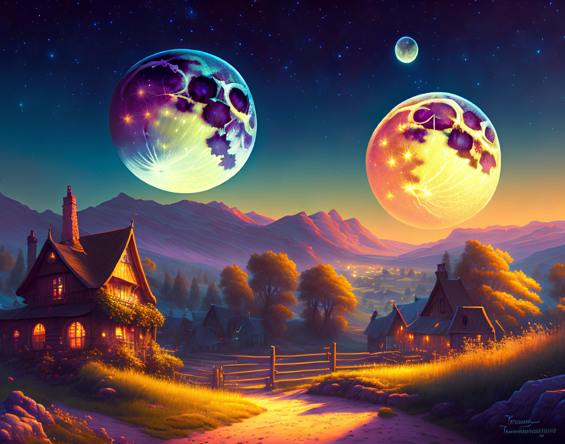 Fantasy landscape with illuminated cottage, village, rolling hills, and two moons