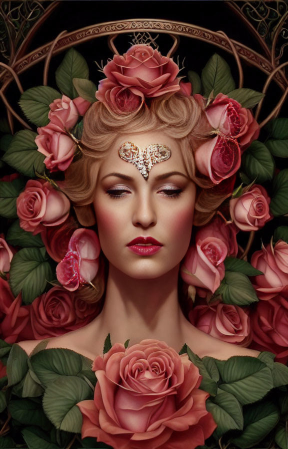 Woman with closed eyes, roses in hair, gold headpiece, surrounded by floral patterns