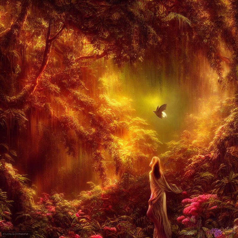 Enchanting forest scene with golden light, lush greenery, flowers, and a bird, watched