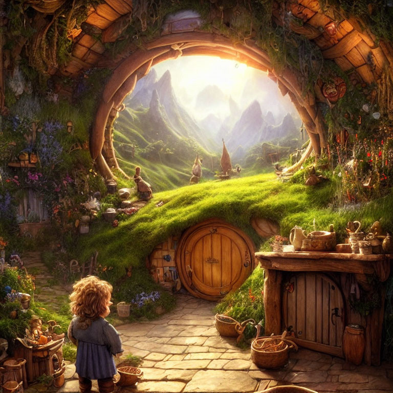 Fantasy landscape with hobbit-like figure and round door dwelling