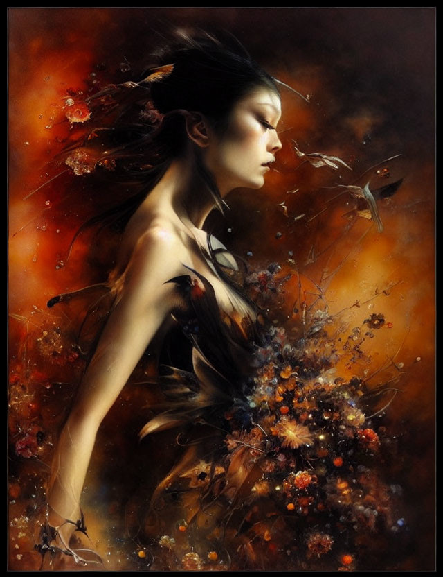 Surreal portrait of woman with side profile, vibrant flowers, fish, dark autumnal colors