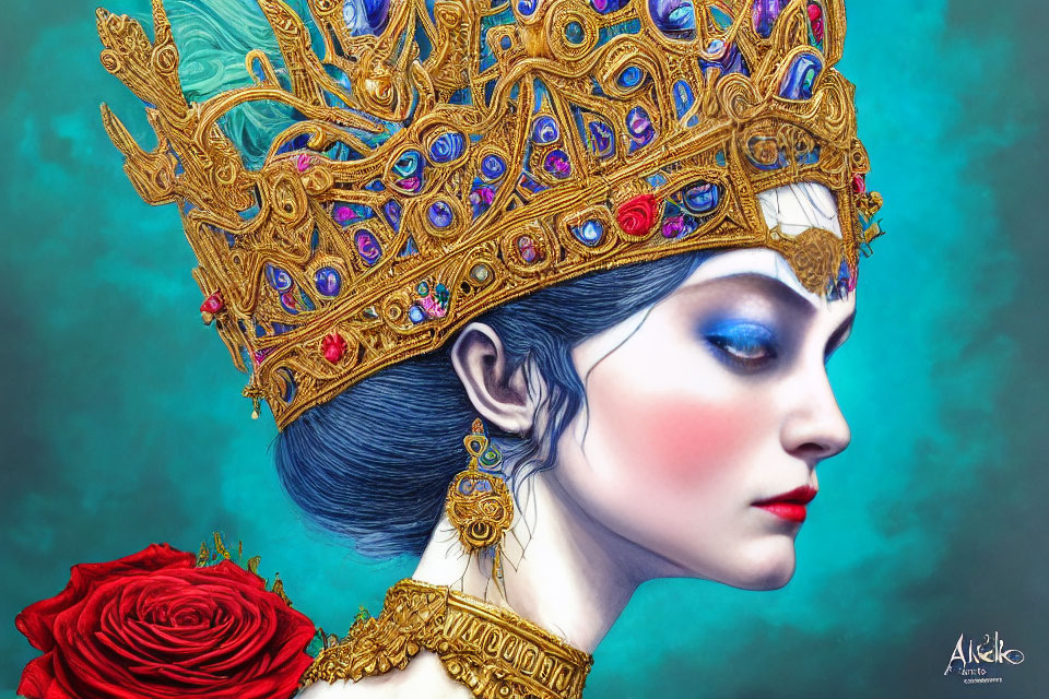 Digital Artwork: Woman with Golden Crown and Peacock Feathers